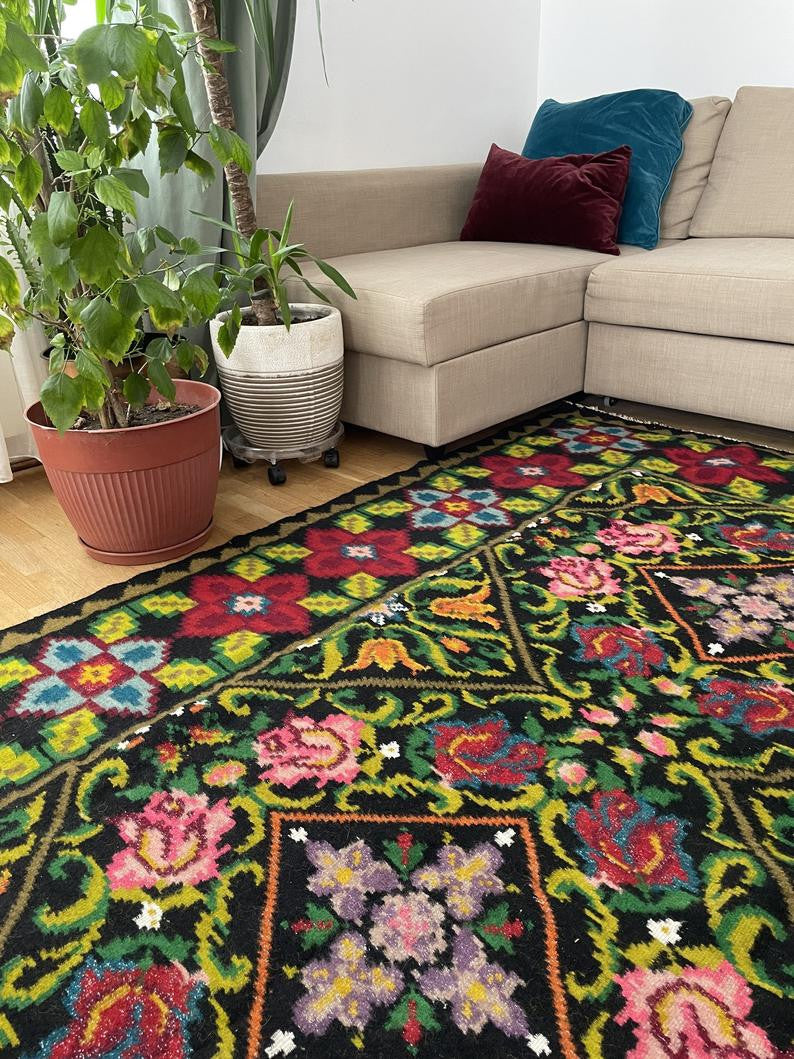 Vintage Green Floral Oltenian Wool Rug, 242x166 cm
