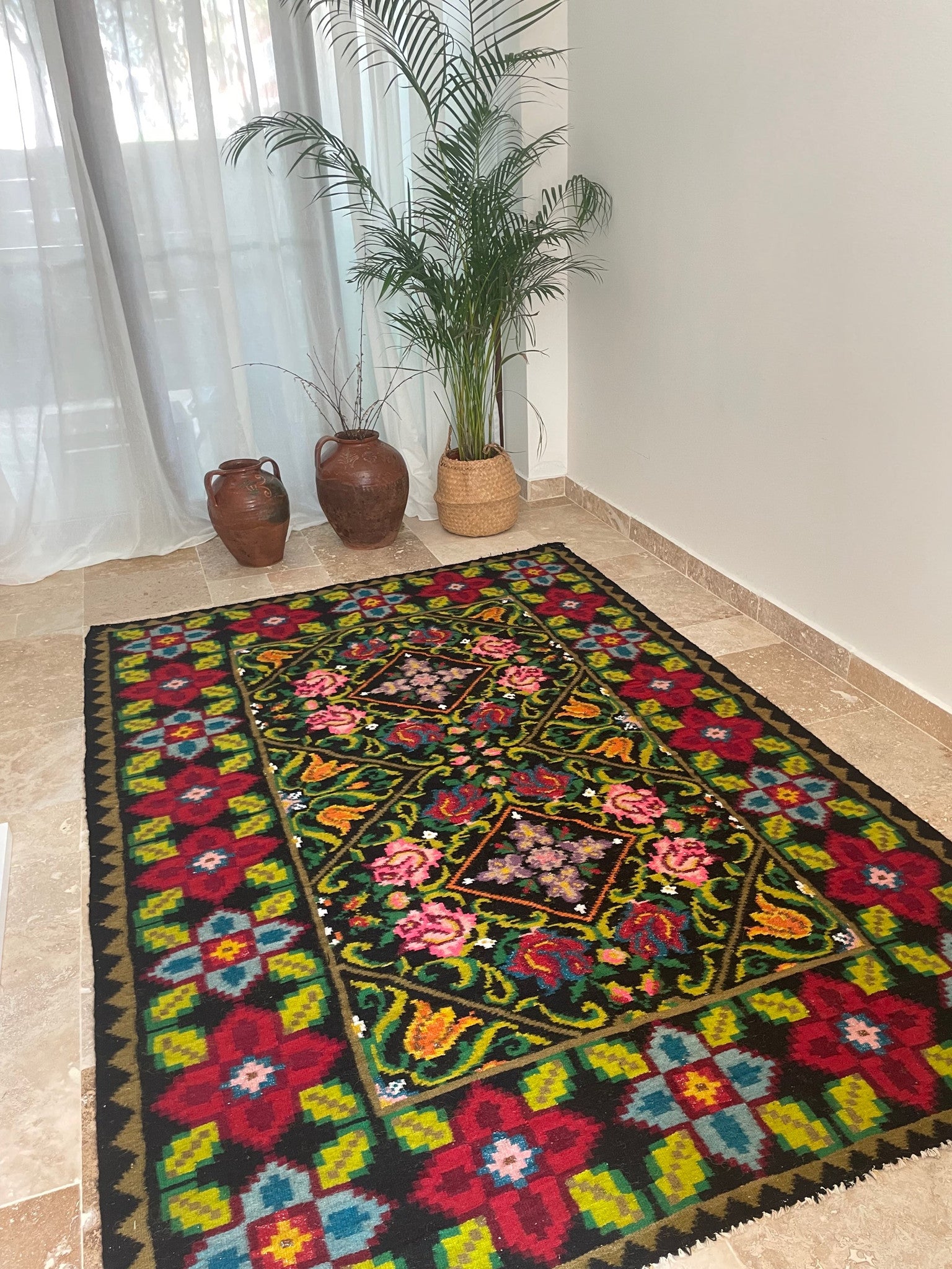 Vintage Green Floral Oltenian Wool Rug, 242x166 cm, view 12