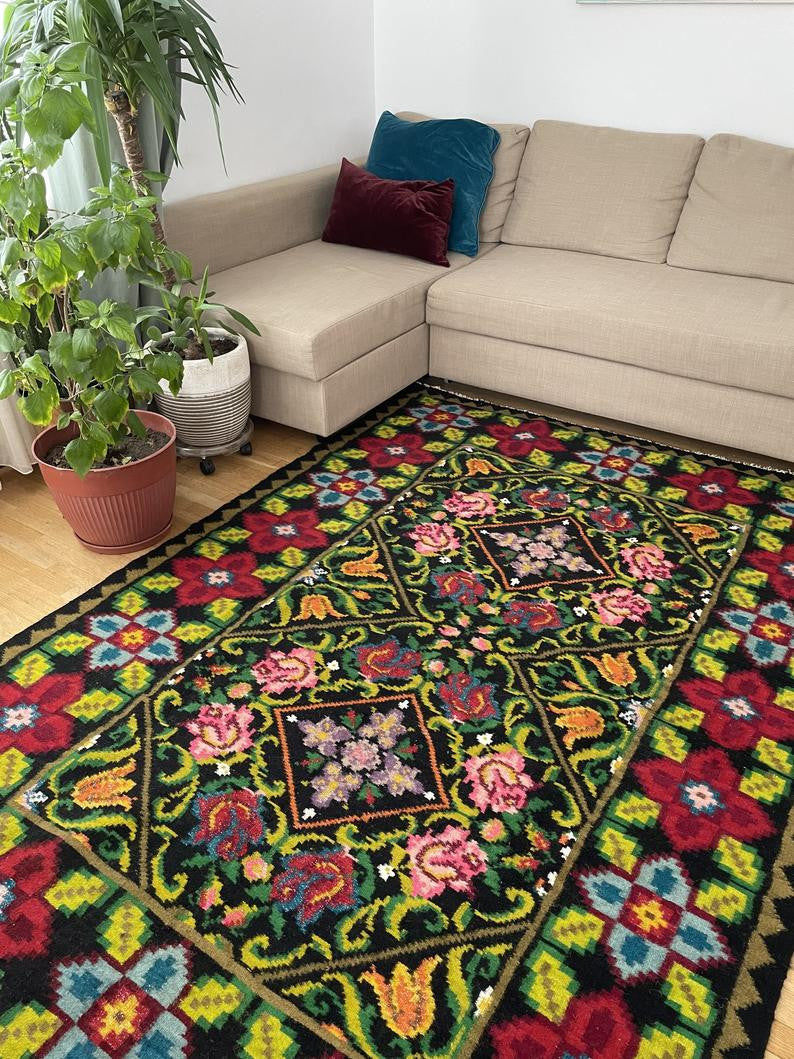 Vintage Green Floral Oltenian Wool Rug, 242x166 cm, view 3