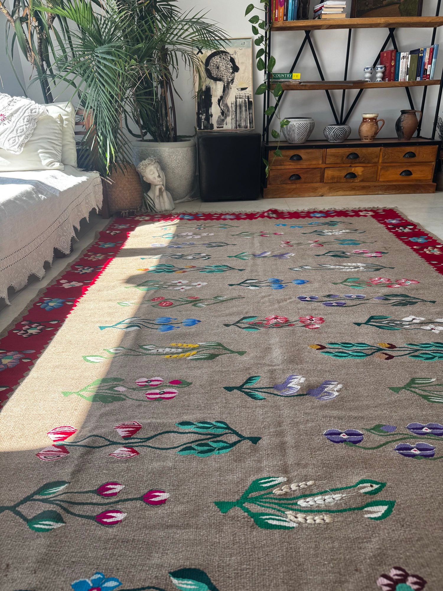 Vintage Greige Floral Oltenian Wool Rug, 265x175 cm, view 11