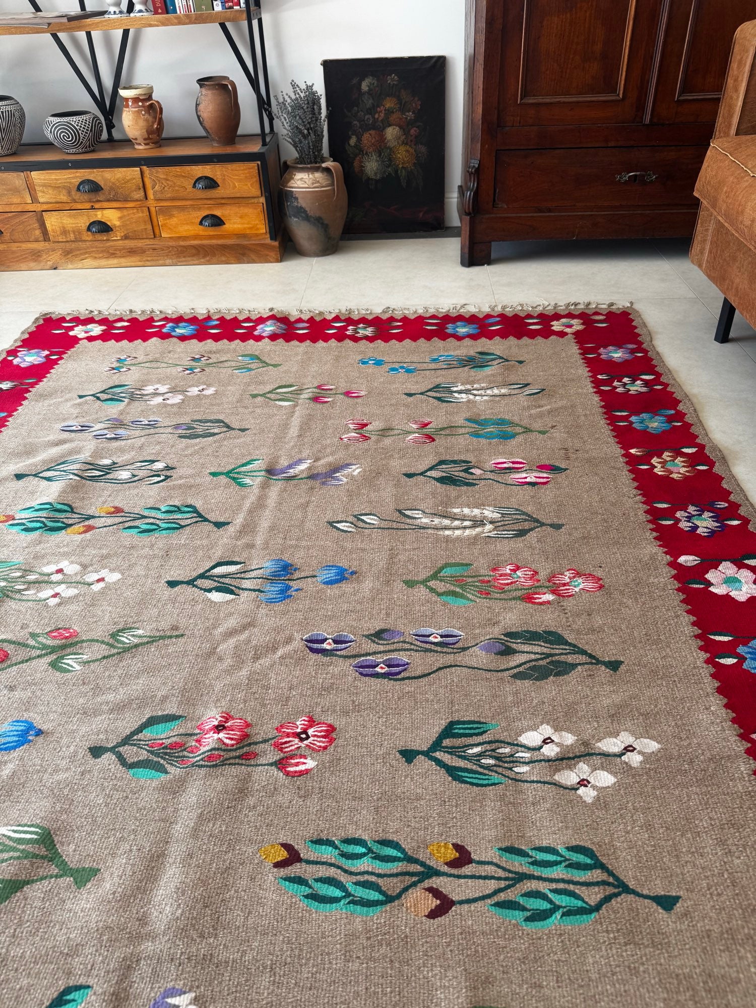 Vintage Greige Floral Oltenian Wool Rug, 265x175 cm, view 9