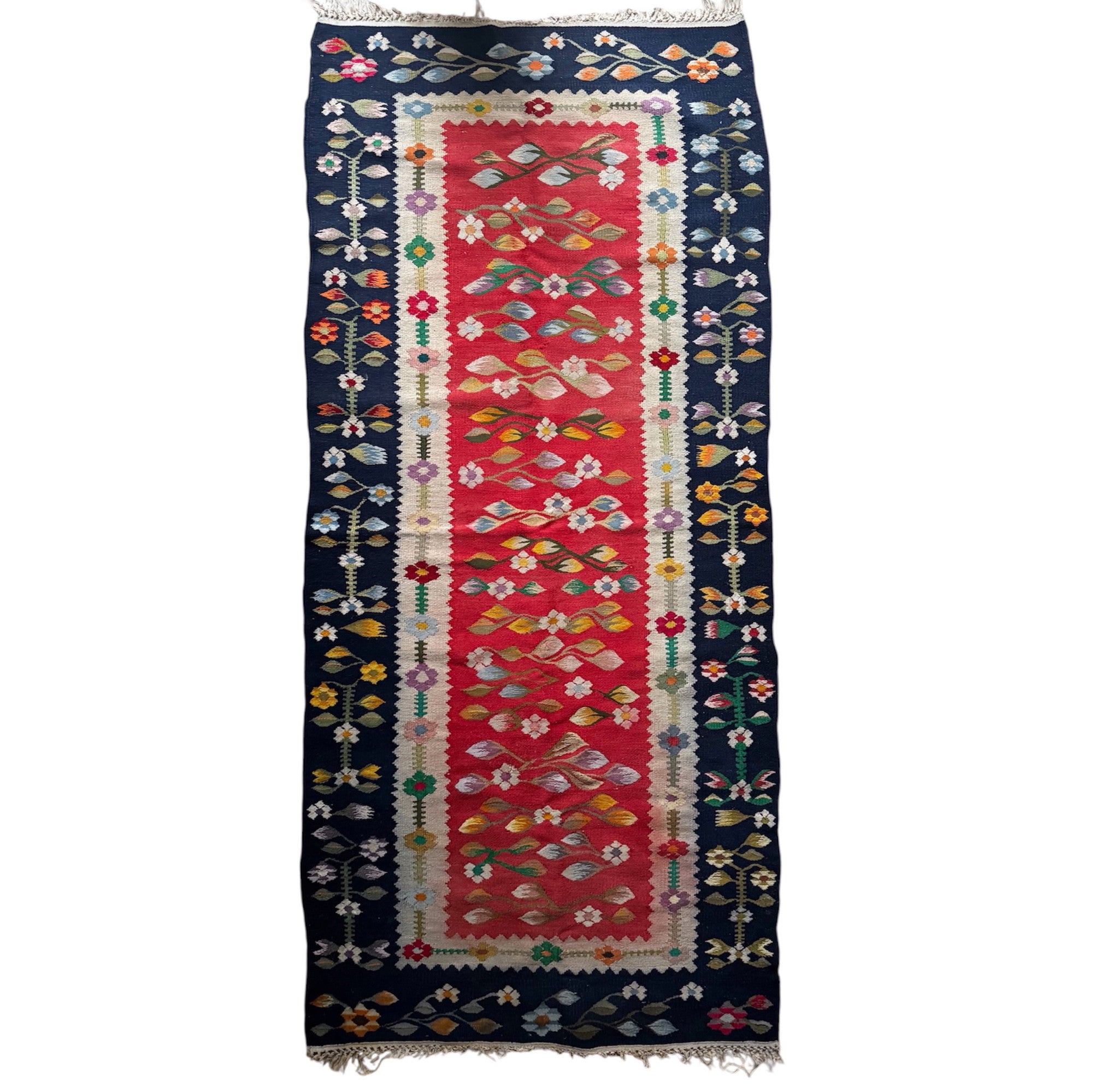 Vintage Red Floral Oltenian Wool Runner Rug, 185x70 cm
