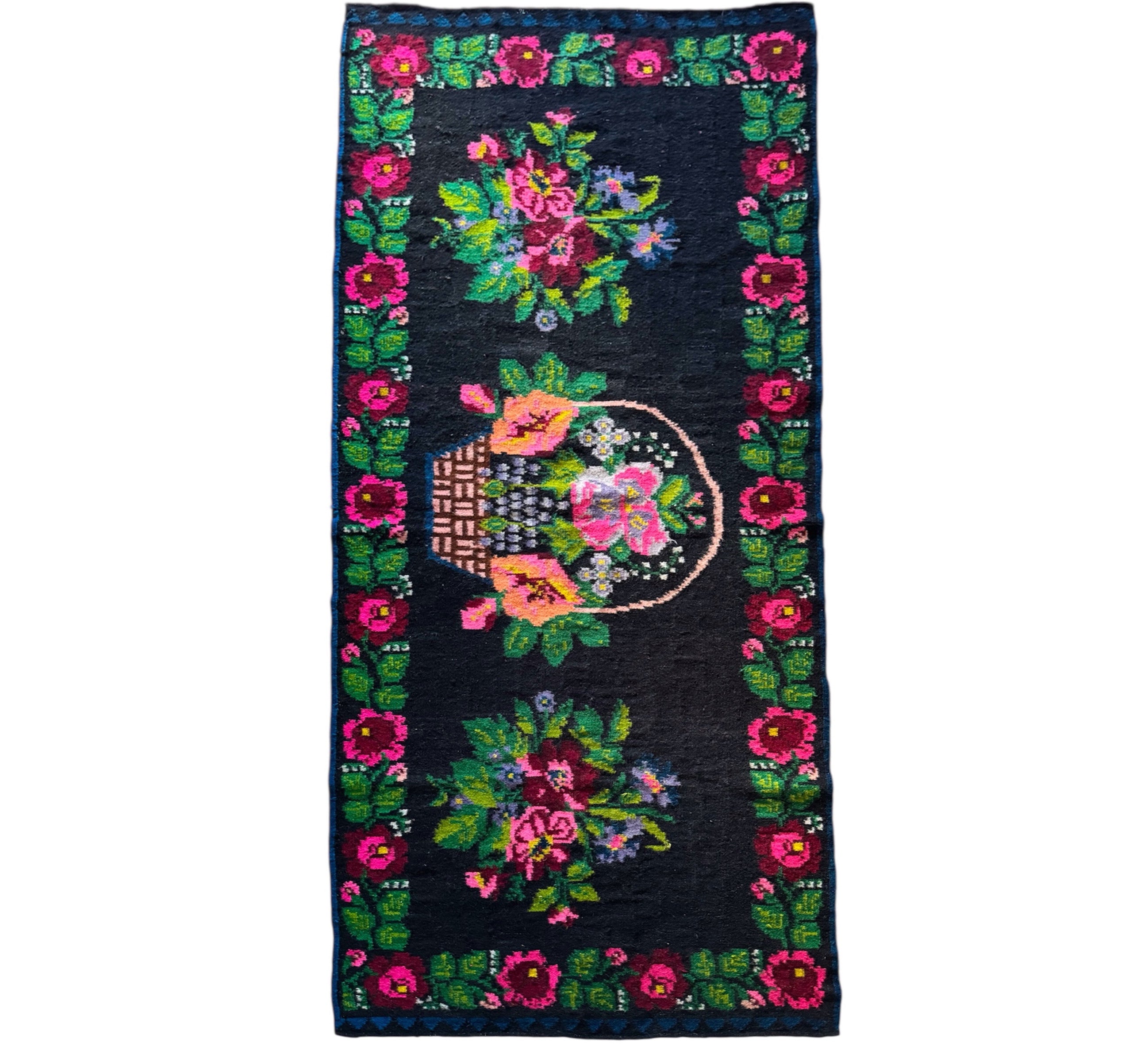 Vintage Floral Oltenian Wool Runner Rug, 225x97 cm