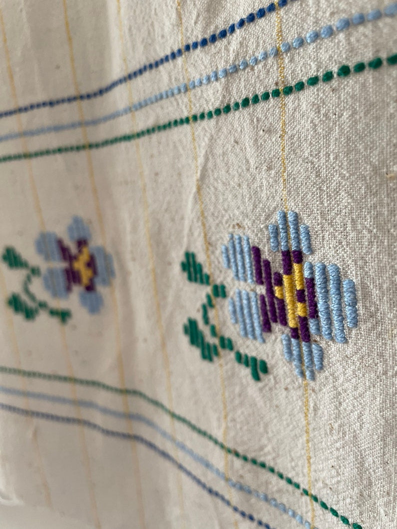 Vintage Romanian Folk Towel, Blue Flowers, 167x47 cm, view 10