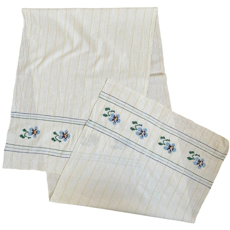 Vintage Romanian Folk Towel, Blue Flowers, 167x47 cm, view 2