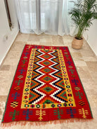 Vintage Red Geometric Romanian Kilim Rug, 225x141 cm, view 2