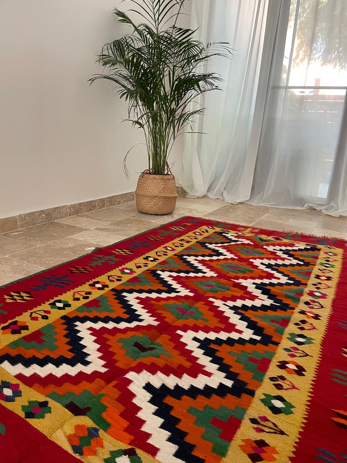 Vintage Red Geometric Romanian Kilim Rug, 225x141 cm, view 3