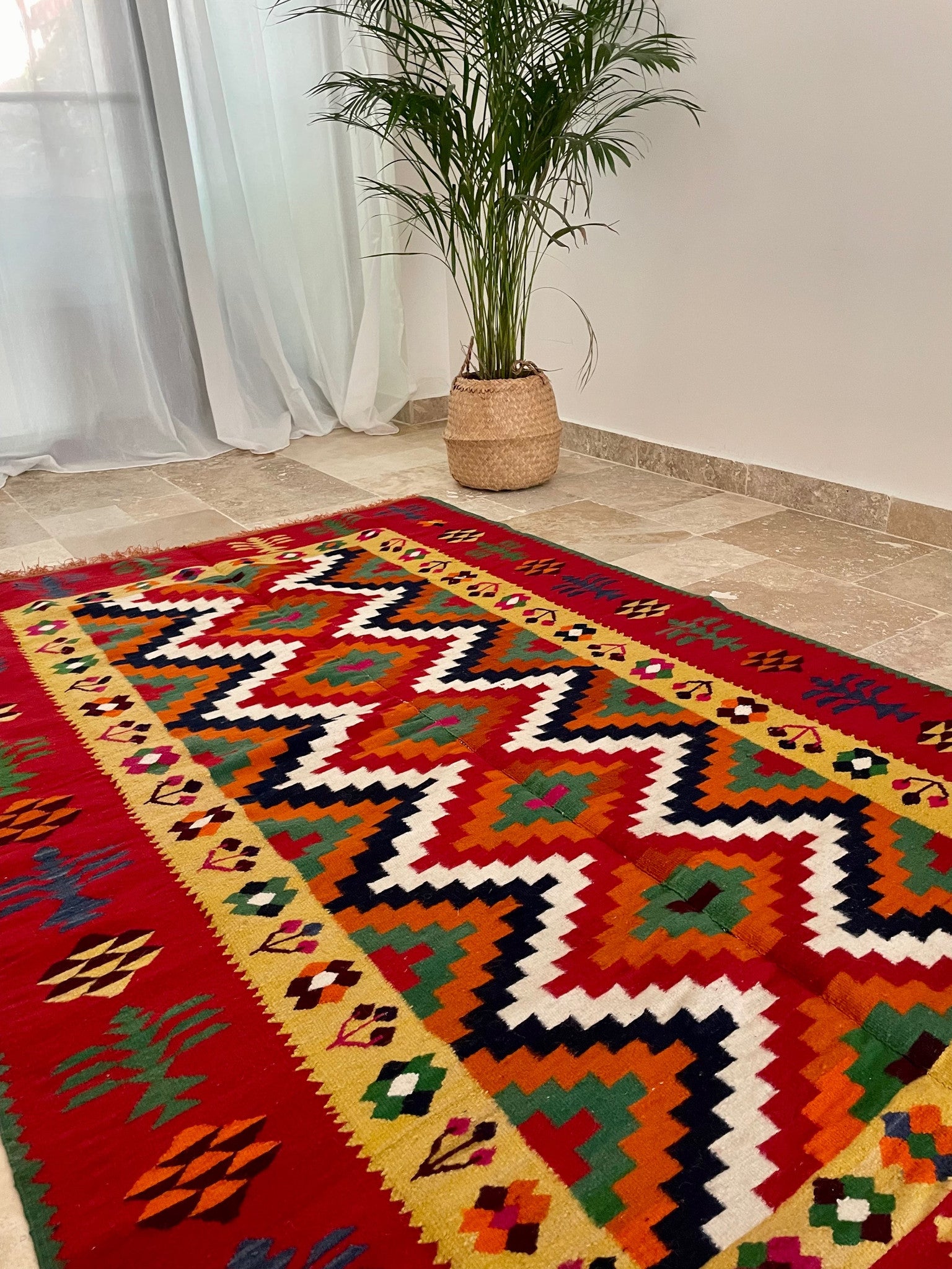 Vintage Red Geometric Romanian Kilim Rug, 225x141 cm, view 4