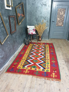 Vintage Red Geometric Romanian Kilim Rug, 225x141 cm, view 7