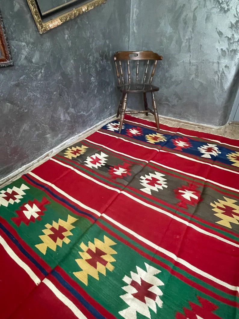 Vintage Red Geometric Romanian Kilim Rug, 232x152 cm, view 2