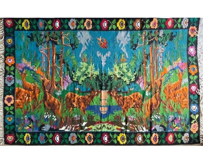 Vintage Romanian Rug with Deer, 300x172 cm