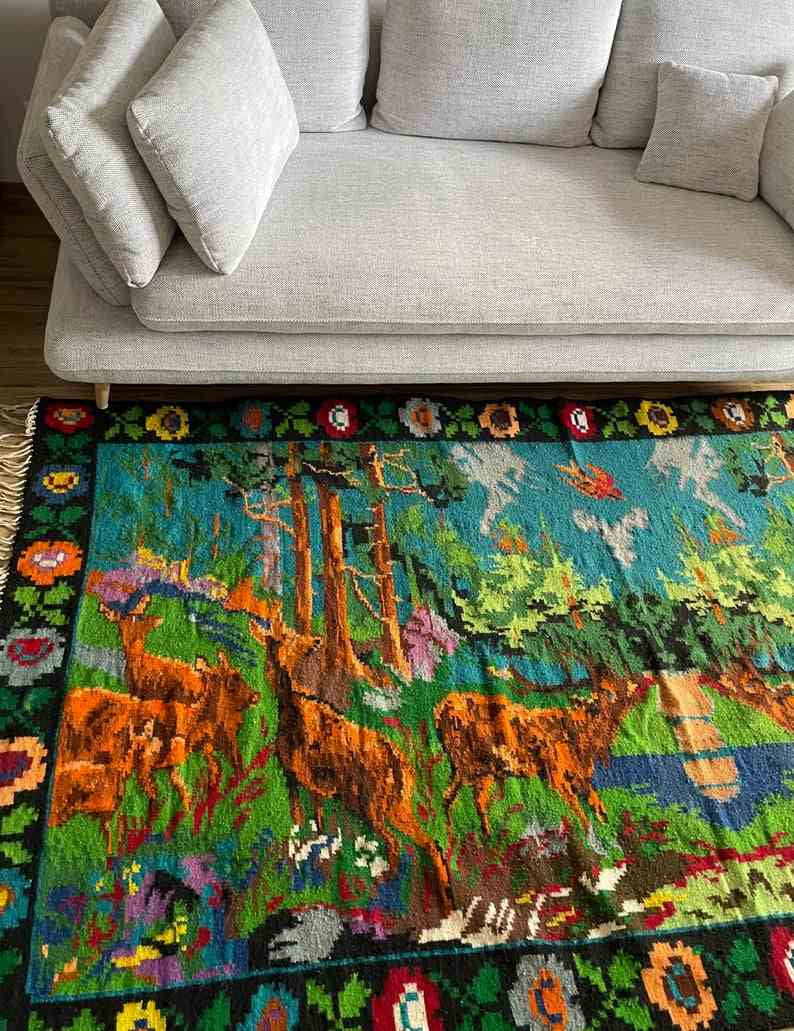 Vintage Romanian Rug with Deer, 300x172 cm, view 10