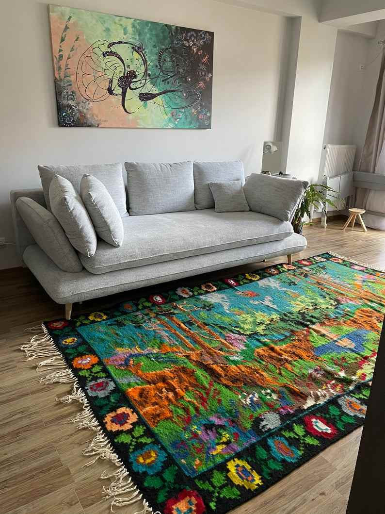 Vintage Romanian Rug with Deer, 300x172 cm, view 9
