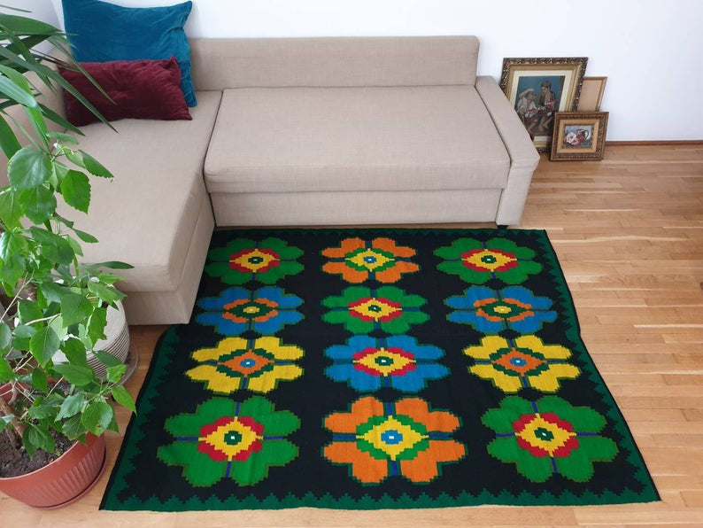 Vintage Yellow & Orange Floral Romanian Rug, 178x137 cm