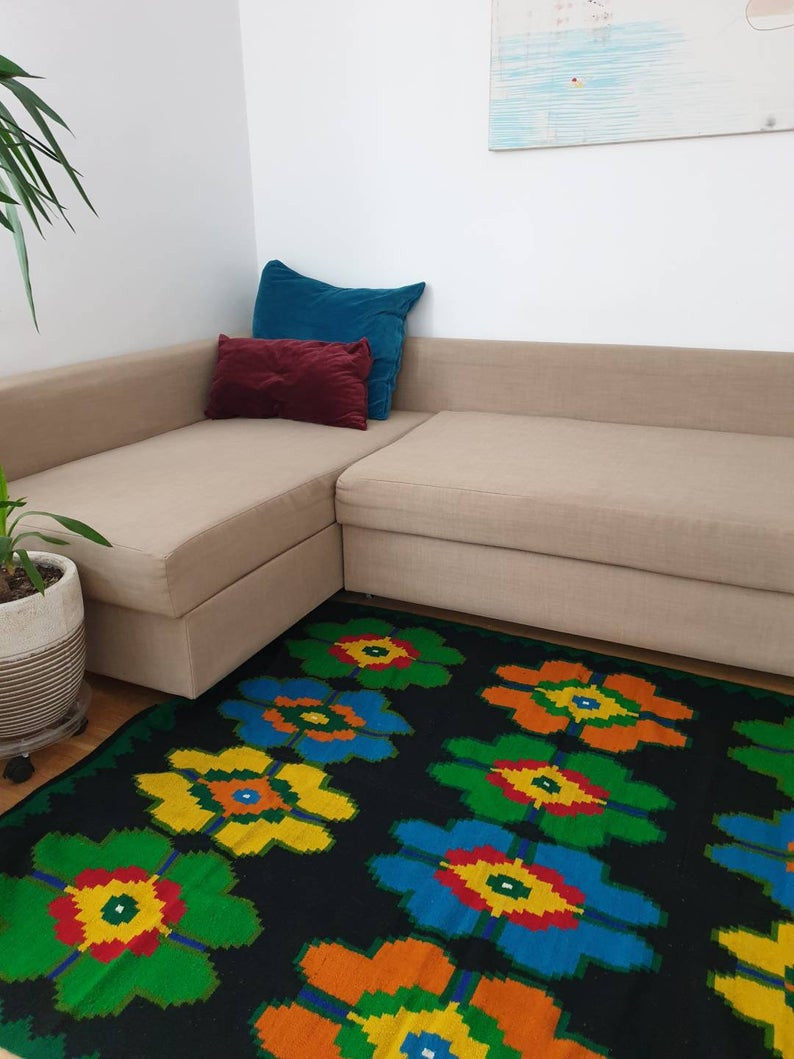 Vintage Yellow & Orange Floral Romanian Rug, 178x137 cm, view 10