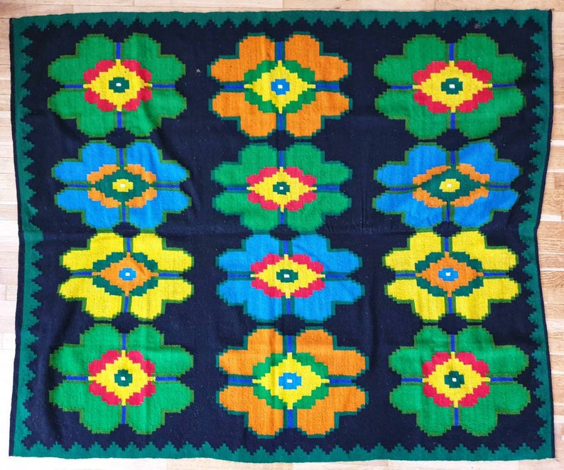 Vintage Yellow & Orange Floral Romanian Rug, 178x137 cm, view 2