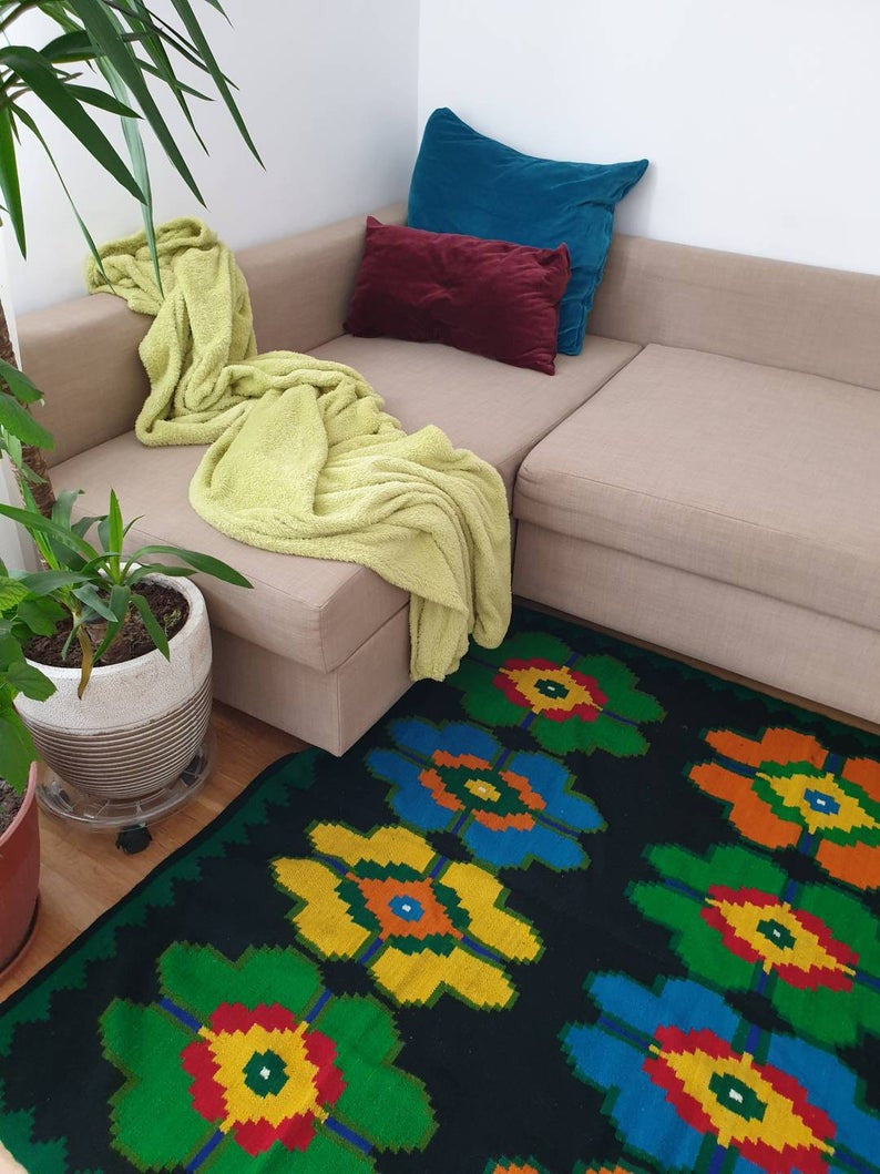 Vintage Yellow & Orange Floral Romanian Rug, 178x137 cm, view 6