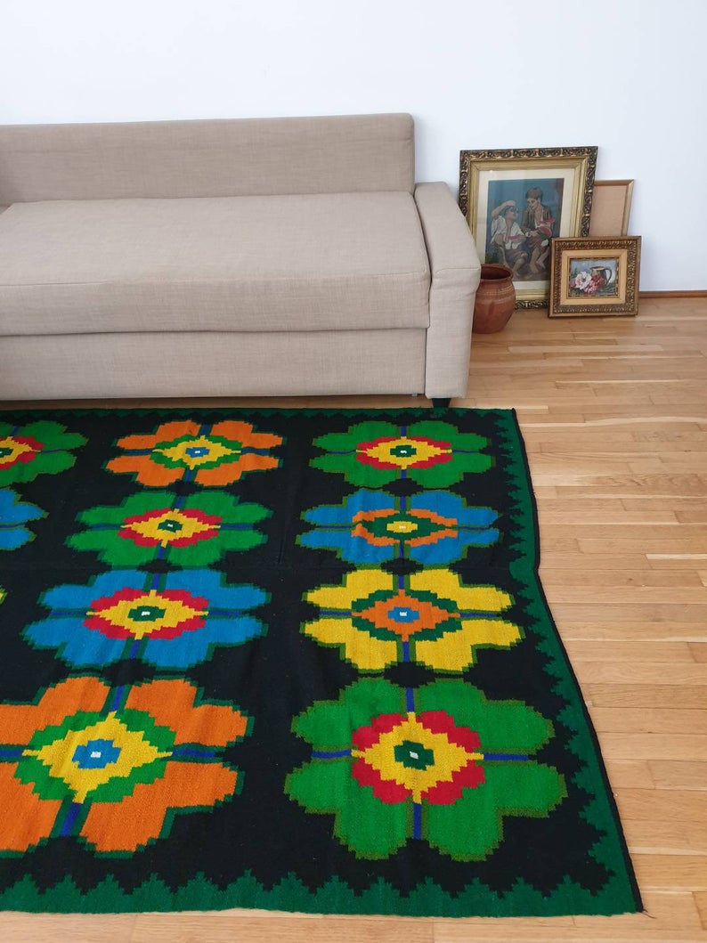 Vintage Yellow & Orange Floral Romanian Rug, 178x137 cm, view 9