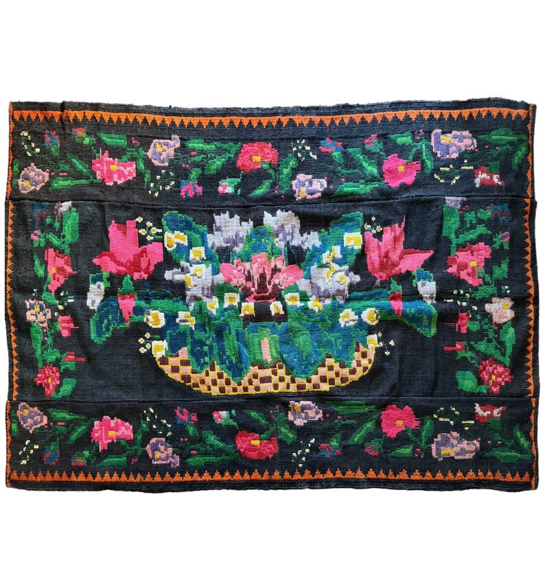 Vintage Black Floral Romanian Rug, 223x153 cm