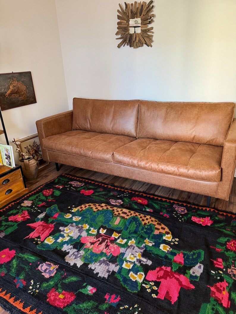 Vintage Black Floral Romanian Rug, 223x153 cm, view 2