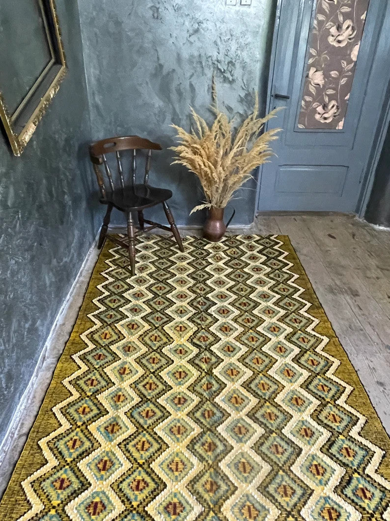 Vintage Yellow Geometric Romanian Rug, 202x142 cm, view 2