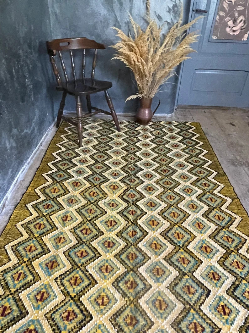 Vintage Yellow Geometric Romanian Rug, 202x142 cm, view 4