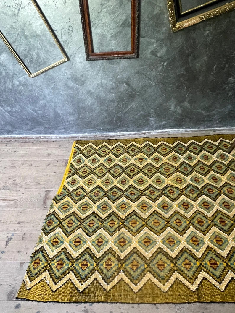 Vintage Yellow Geometric Romanian Rug, 202x142 cm, view 5