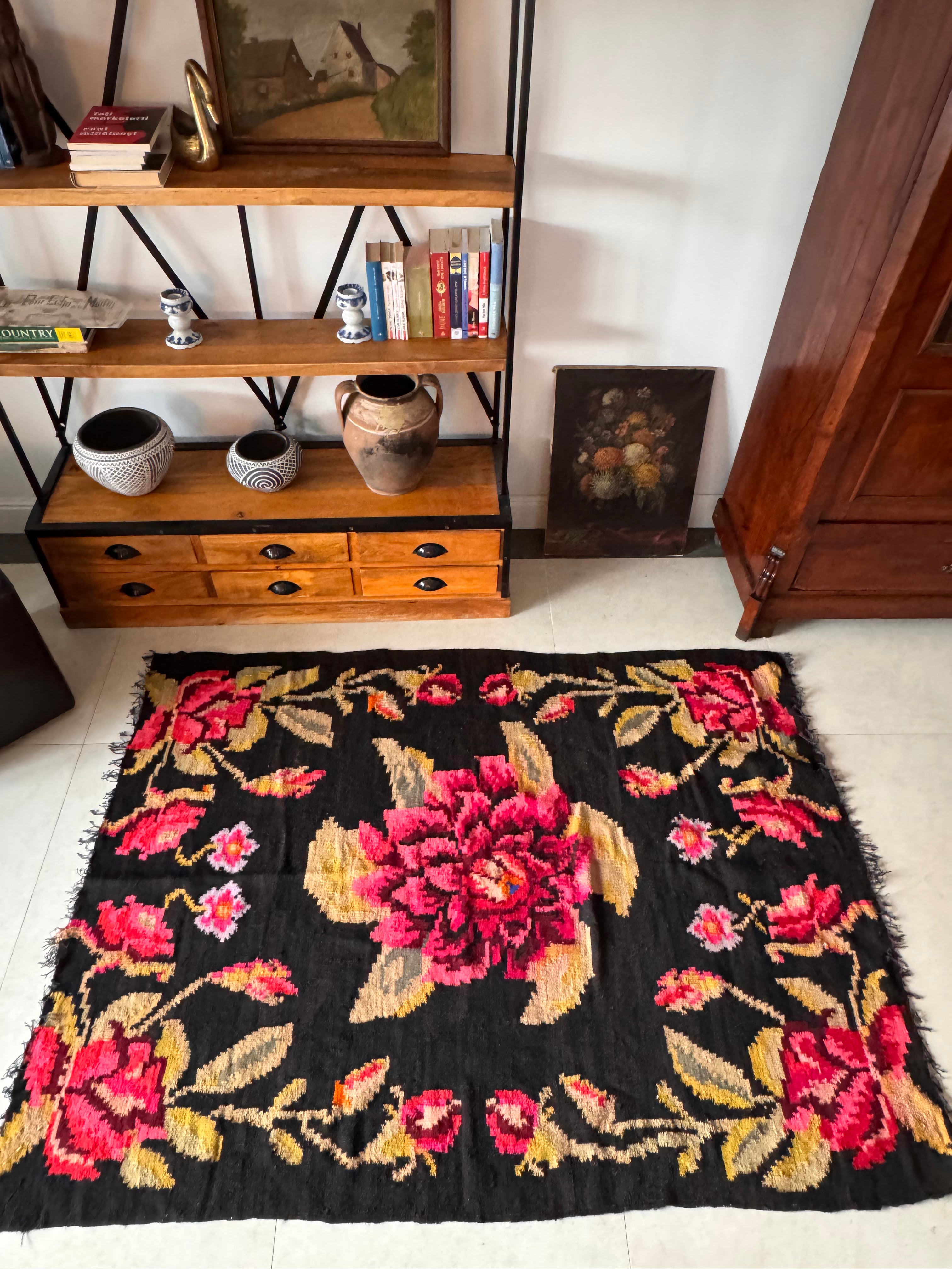 Unique floral Romanian rug from Maramureș with traditional handmade details