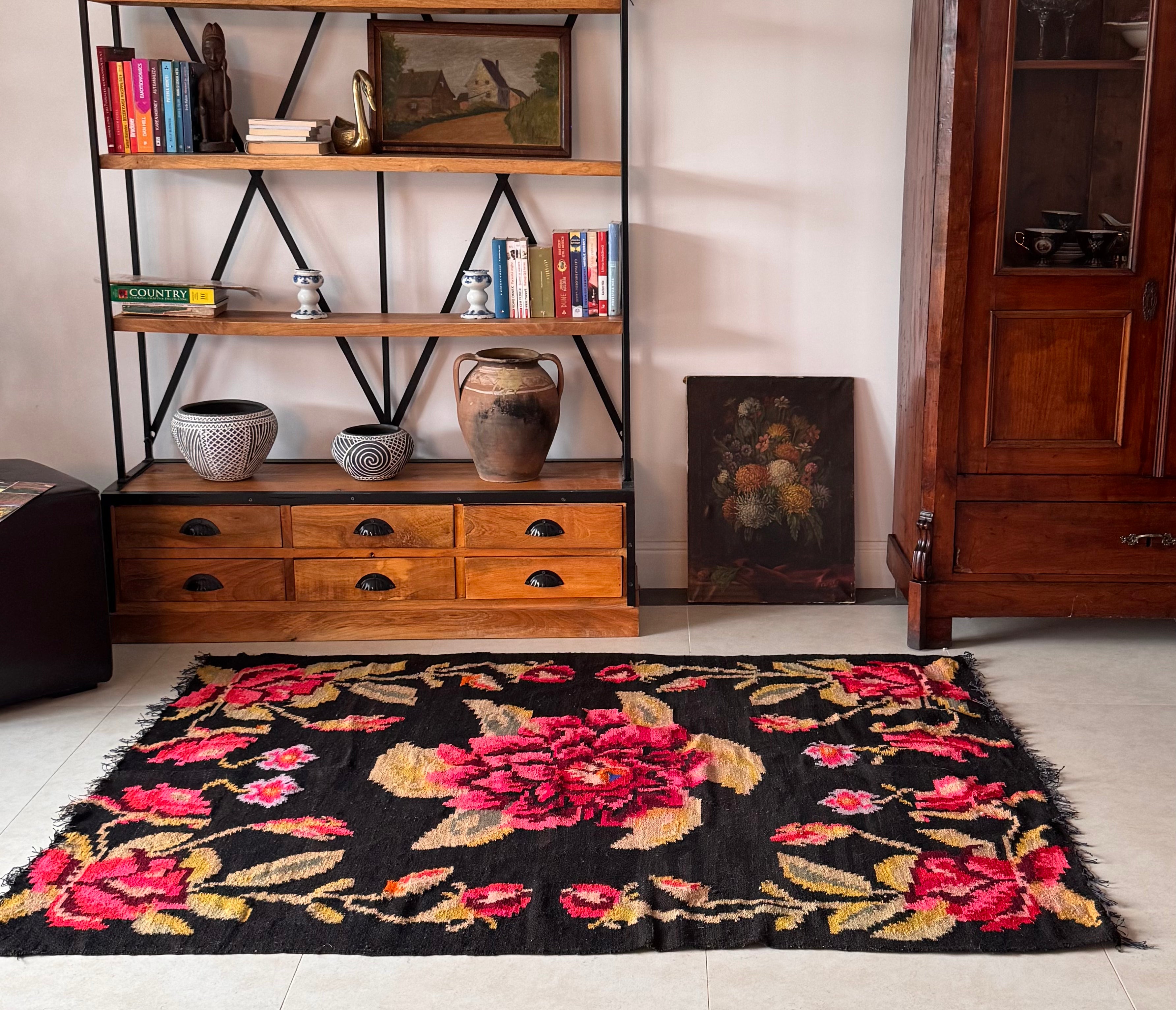 Authentic vintage Maramureș rug with a colourful floral composition