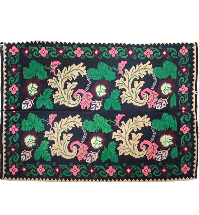 Vintage Brown Floral Romanian Wool Kilim Rug, 203x162 cm