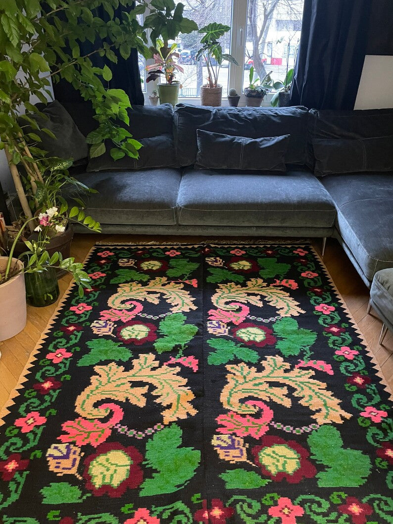 Vintage Brown Floral Romanian Wool Kilim Rug, 203x162 cm, view 2