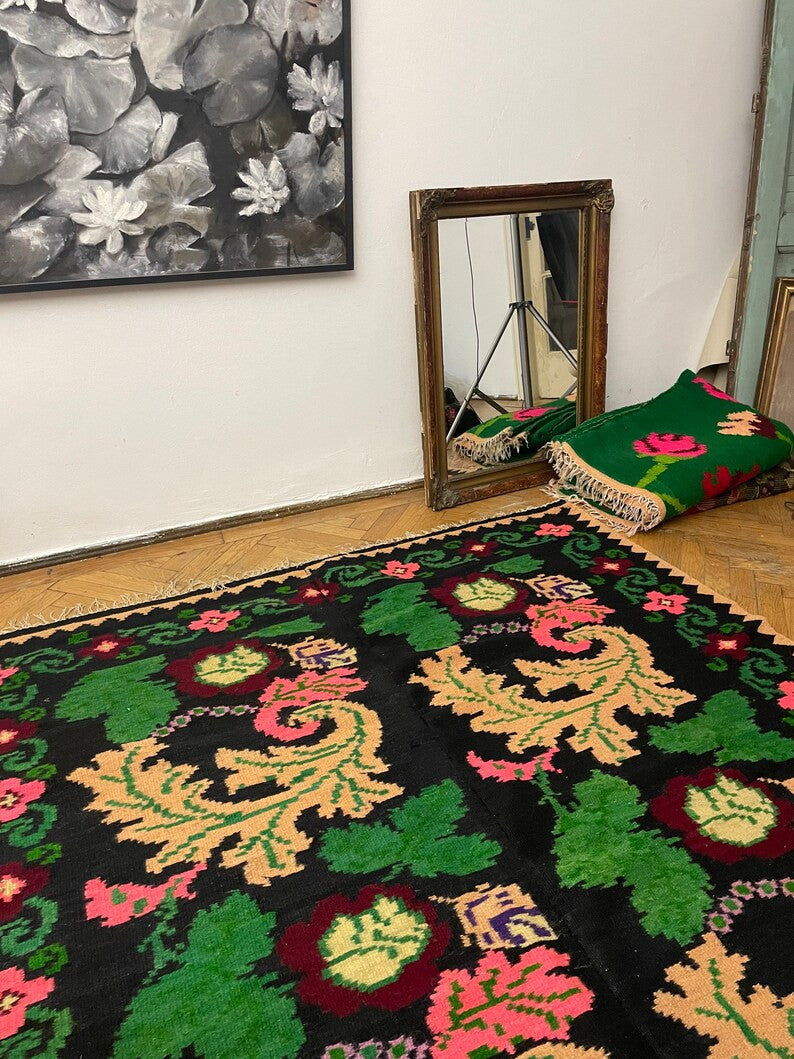 Vintage Brown Floral Romanian Wool Kilim Rug, 203x162 cm, view 5