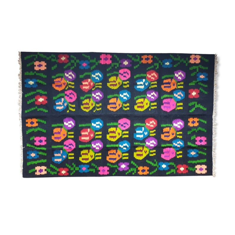 Vintage Black Floral Romanian Wool Kilim Rug, 235x160 cm