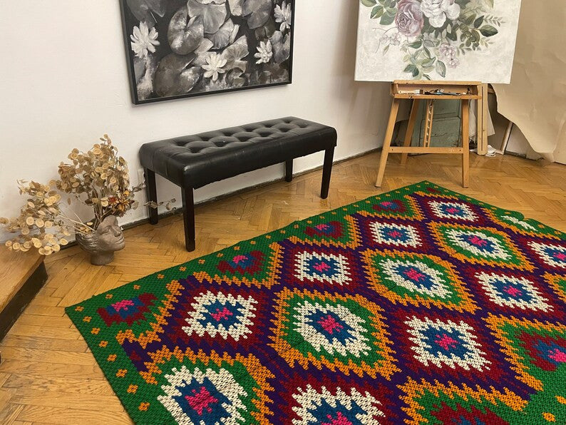 Vintage Geometric Romanian Wool Kilim Rug, 228x146 cm, view 10