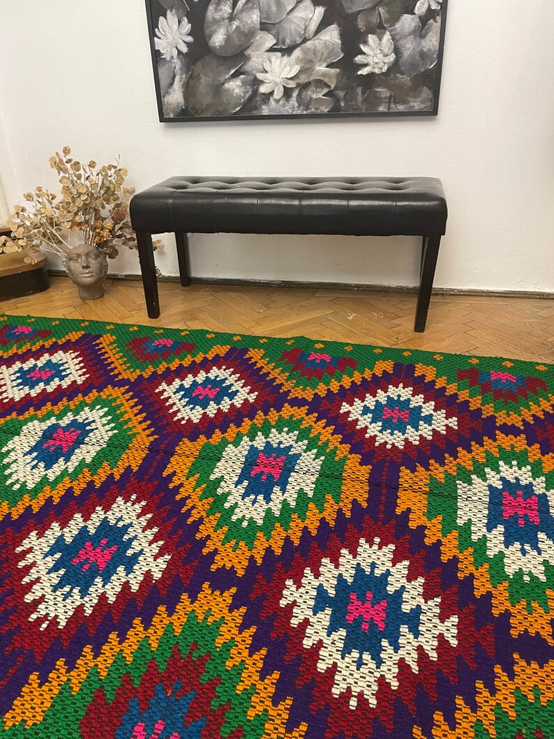 Vintage Geometric Romanian Wool Kilim Rug, 228x146 cm, view 3