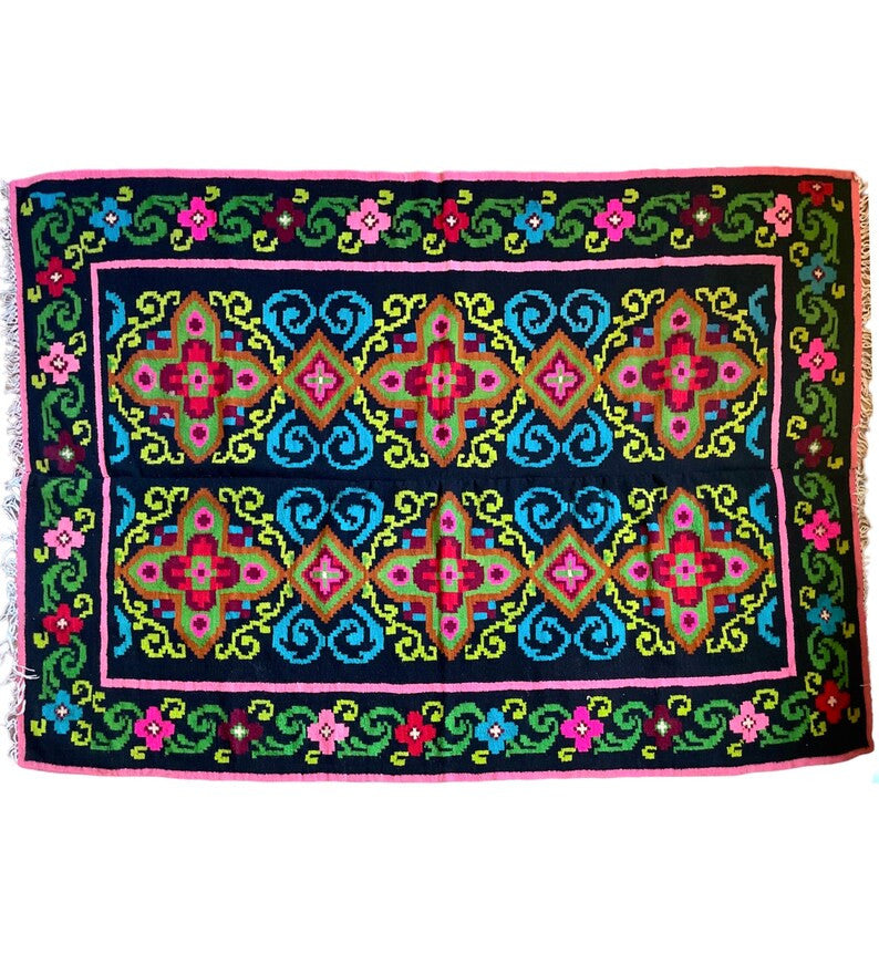 Vintage Geometric Romanian Wool Kilim Rug, 240x158 cm