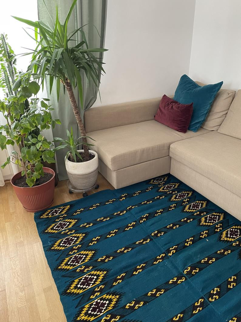 Vintage Blue & Yellow Romanian Wool Rug, 183x140 cm, view 10