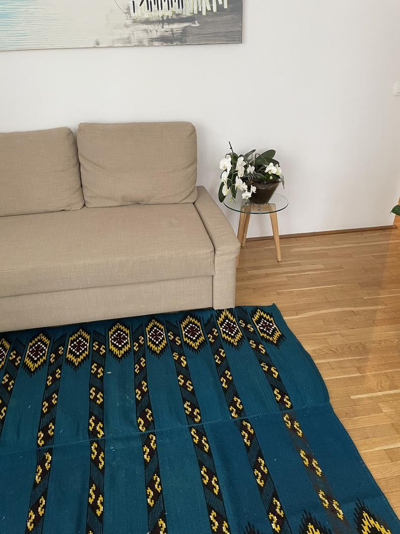 Vintage Blue & Yellow Romanian Wool Rug, 183x140 cm, view 2