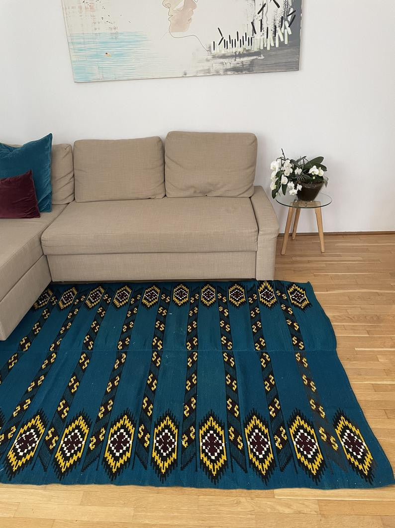 Vintage Blue & Yellow Romanian Wool Rug, 183x140 cm, view 9