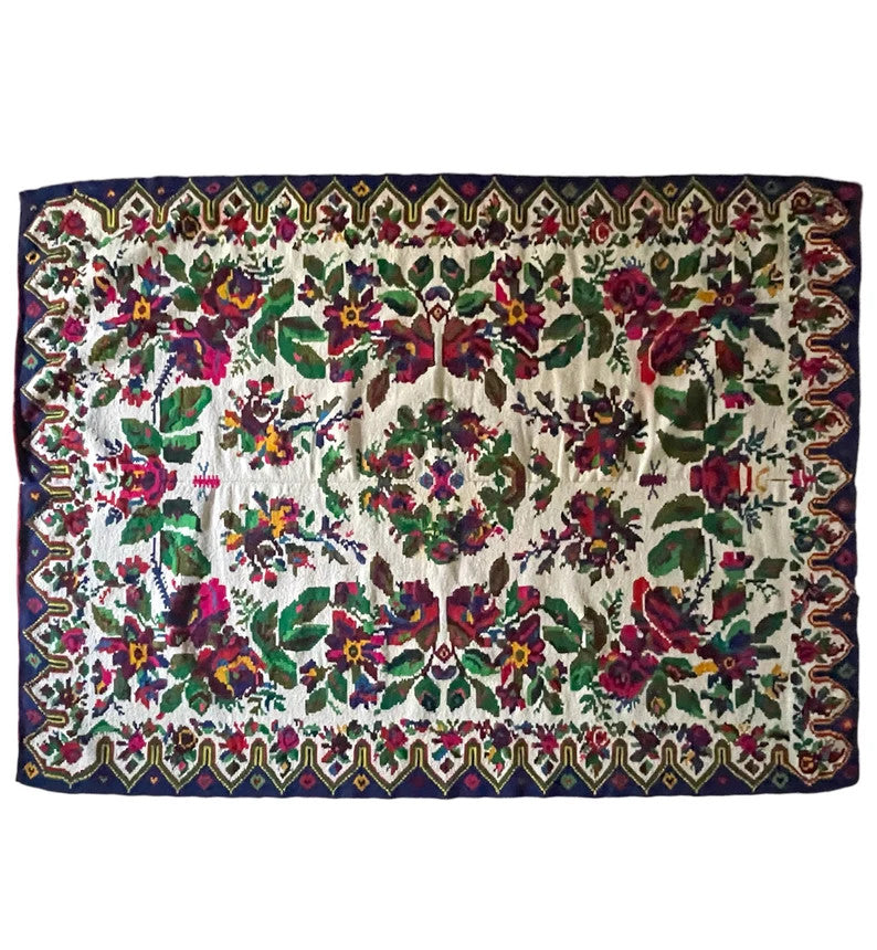 Vintage White Floral Romanian Wool Rug, 192x130 cm