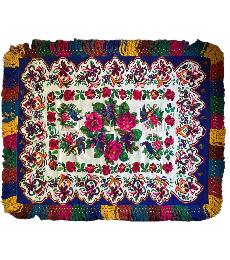 Vintage White & Blue Floral Romanian Wool Rug, 200x164 cm