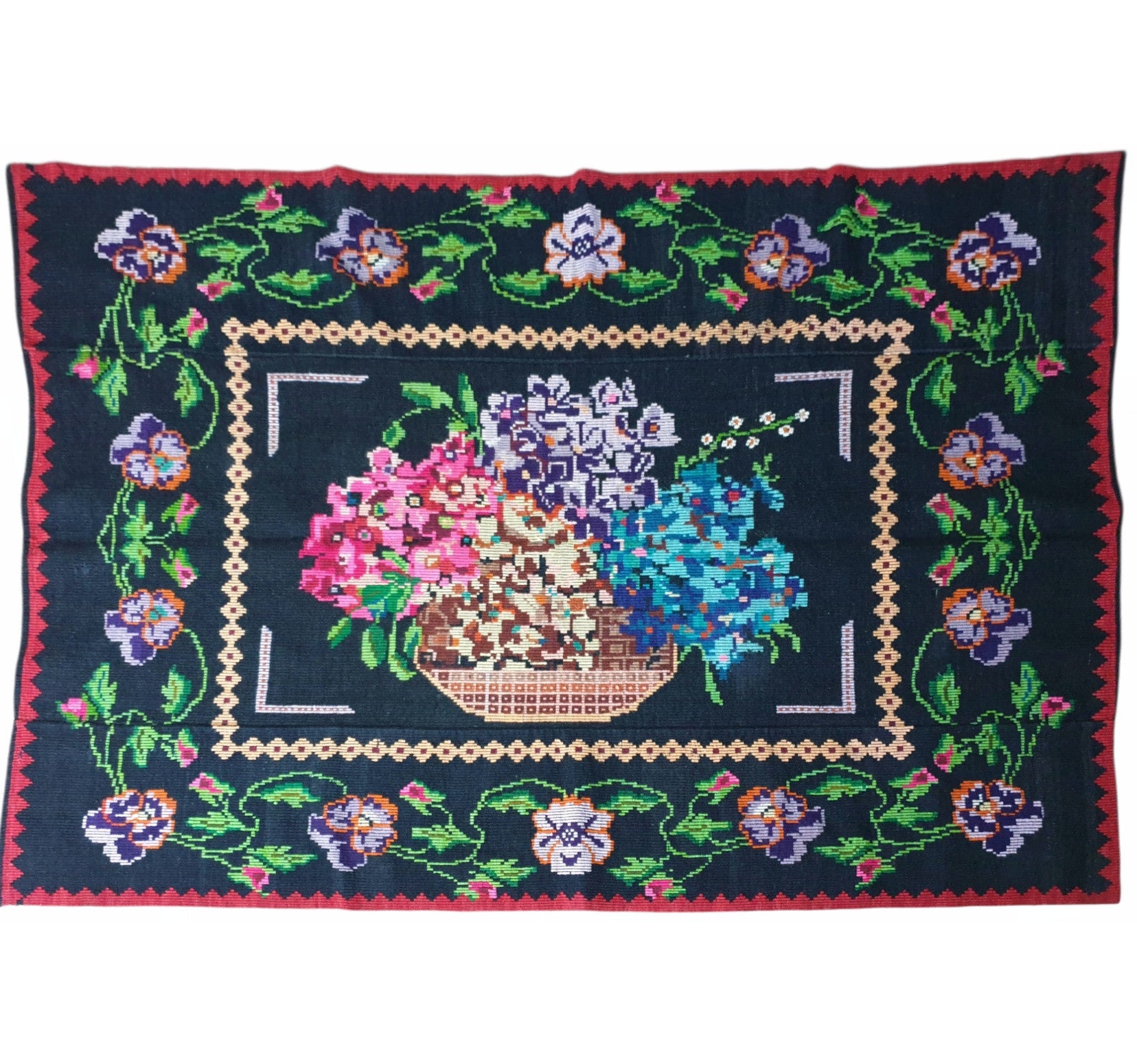 Vintage Black Floral Romanian Wool Rug, 210x151 cm