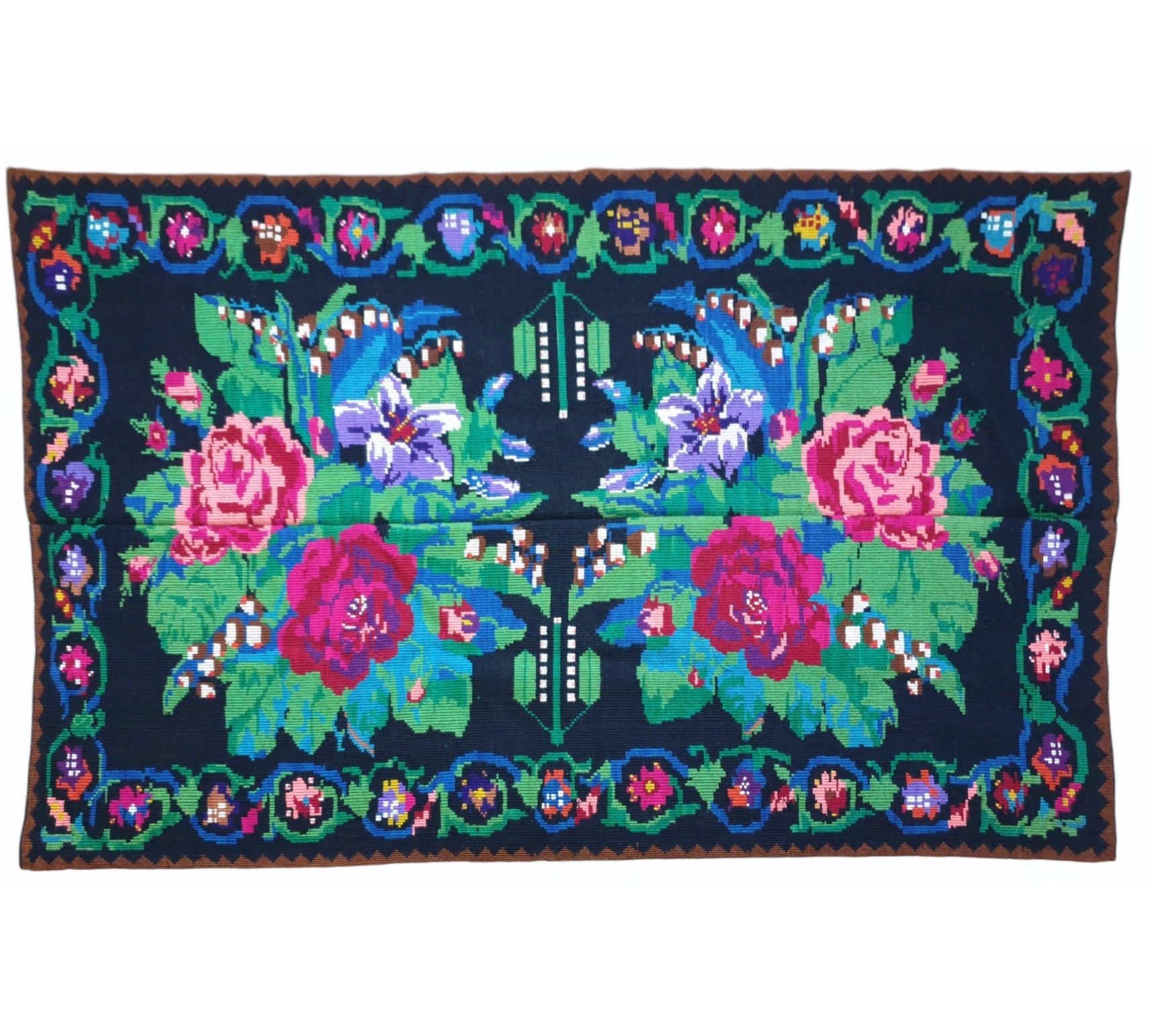 Vintage Green Floral Romanian Wool Rug, 218x150 cm
