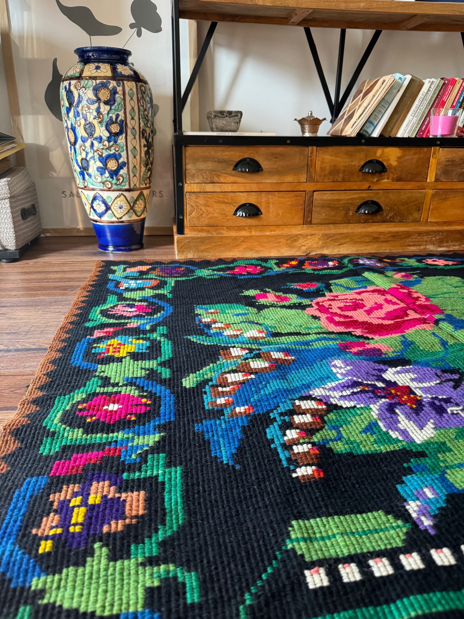 Vintage Green Floral Romanian Wool Rug, 218x150 cm, view 10