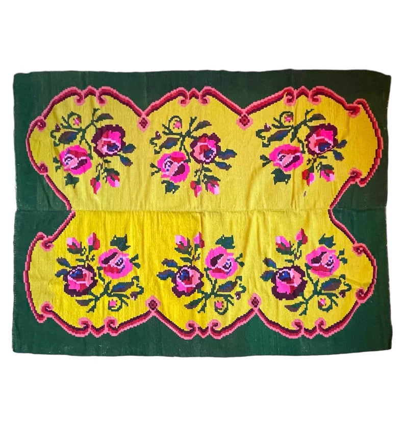 Vintage Pink & Green Floral Romanian Wool Rug, 220x160 cm