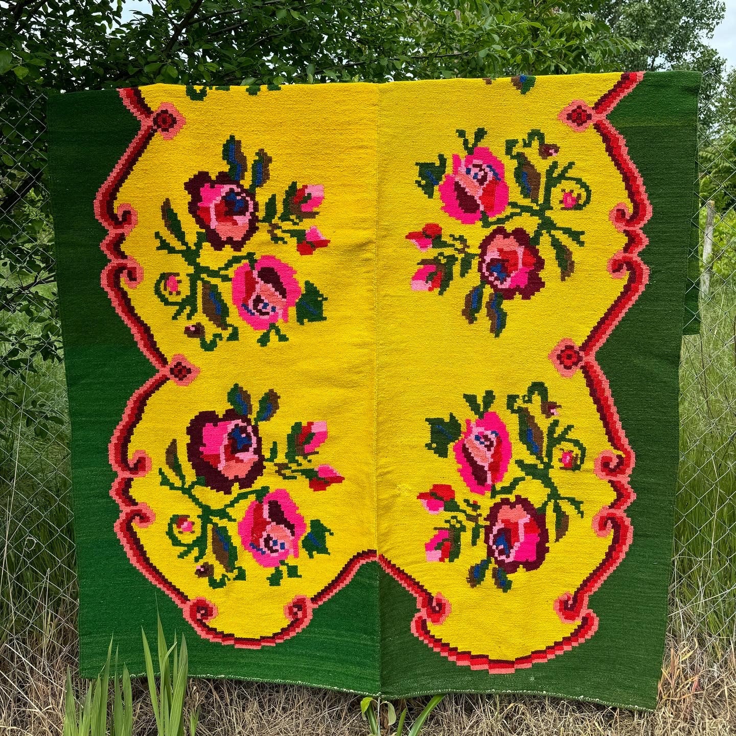 Vintage Pink & Green Floral Romanian Wool Rug, 220x160 cm, view 12