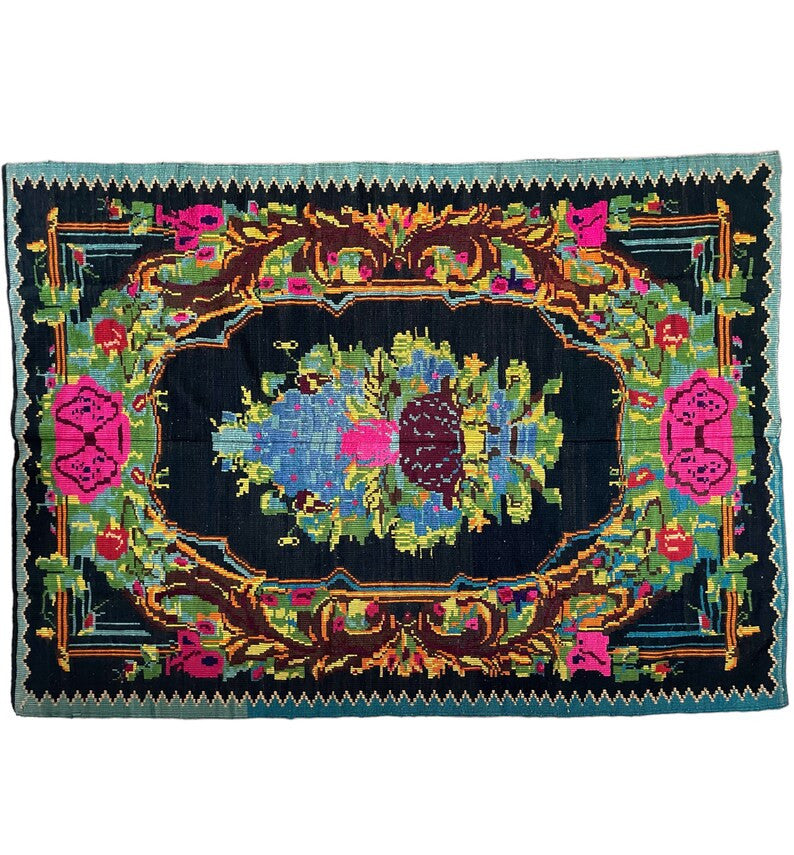 Vintage Floral Romanian Wool Rug, 227x154 cm