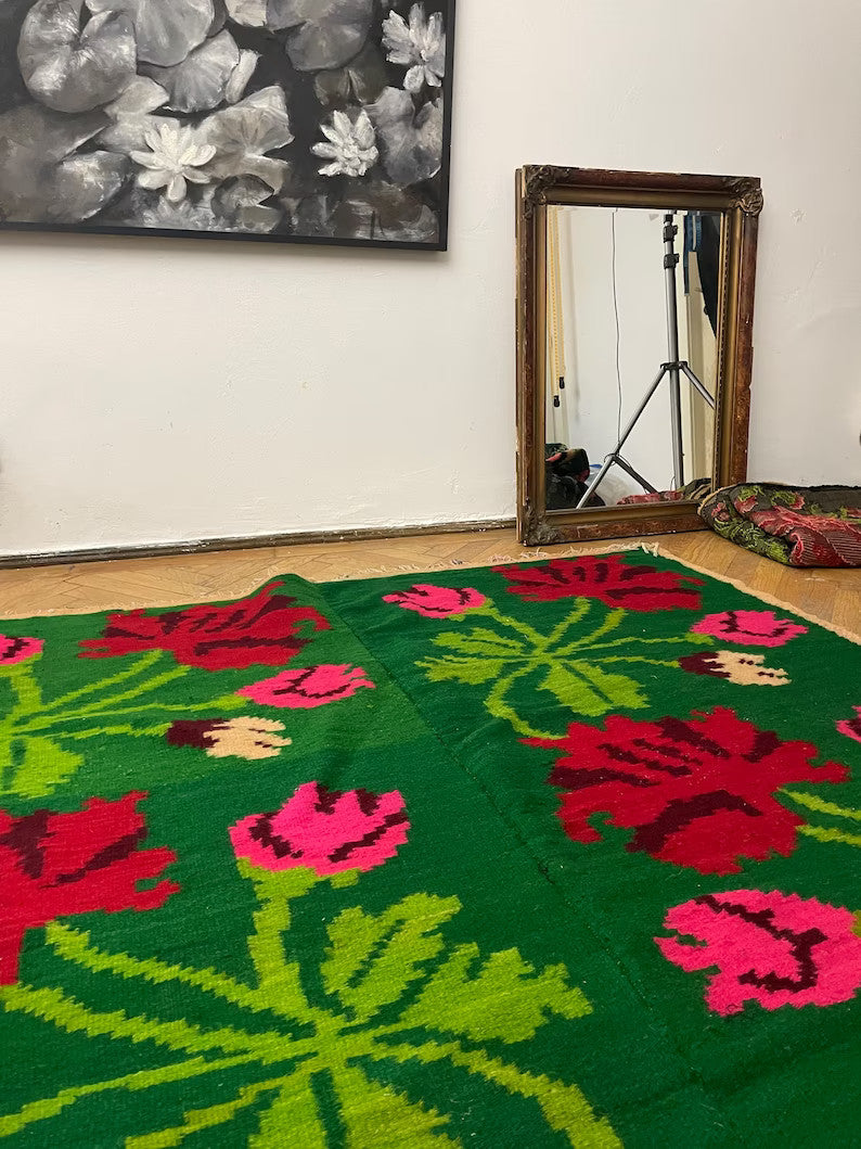 Vintage Green Floral Romanian Wool Rug, 234x166 cm, view 2