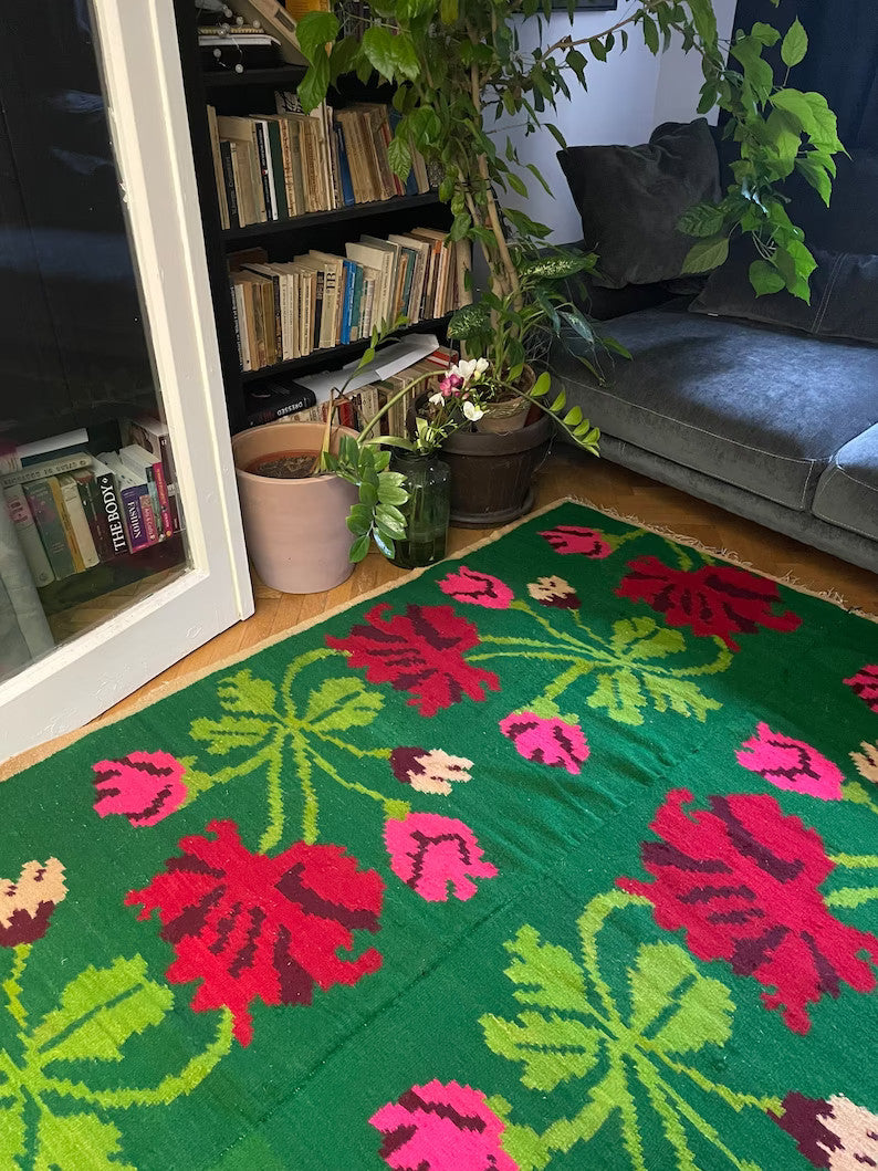 Vintage Green Floral Romanian Wool Rug, 234x166 cm, view 5