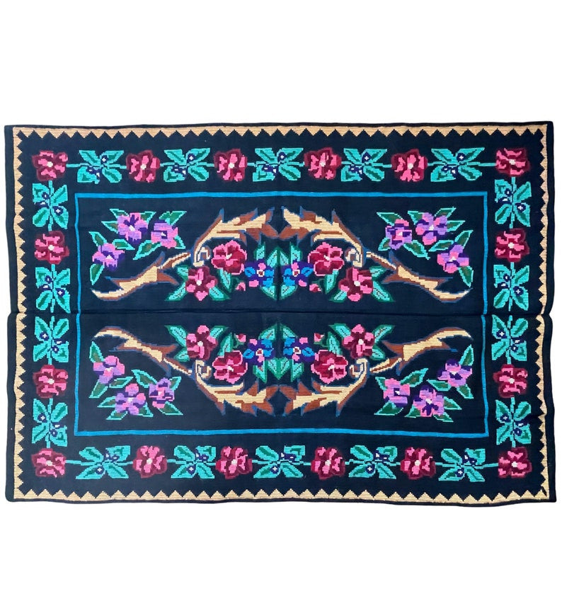 Vintage Black Floral Romanian Wool Rug, 235x150 cm